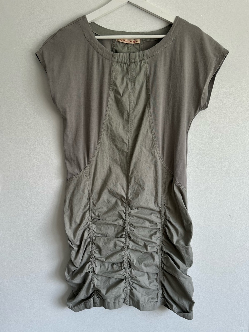 Wearables Ruched Short Sleeve Mini Dress in Gray/green Size Large